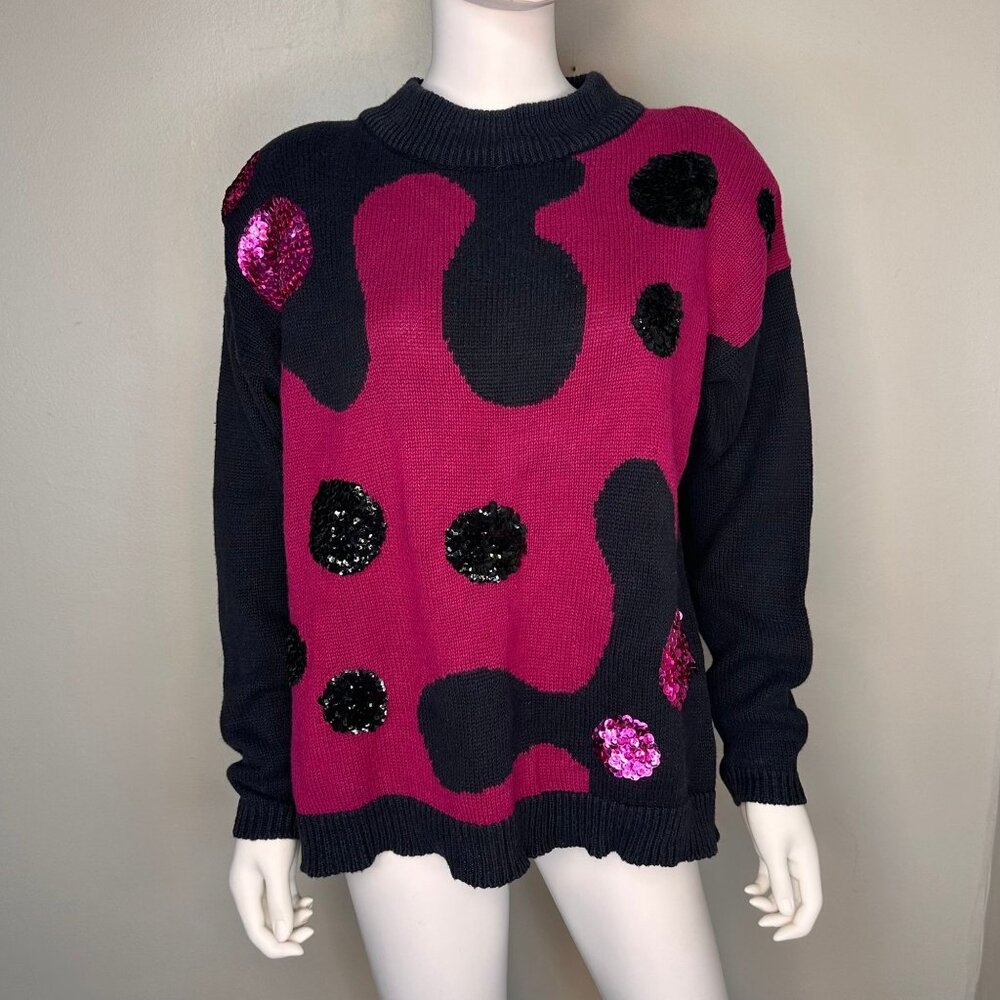 Vintage 1990s Pink and Black Abstract Sweater w/ Sequins, All Points Reference M